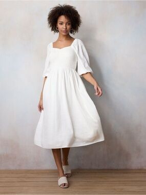 LC Lauren Conrad Cream Smocked Linen Midi Dress NWT